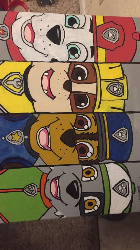 Painted my sons favorite characters from paw patrol all onto one canvas 😍 figured it was a great idea for other parents trying to decorate as well! Paw Patrol Painting Canvas Easy, Canvas Painting Characters, Paw Patrol Painting Canvas, Disney Character Paintings On Canvas, Paw Patrol Painting, Painting Ideas Cartoon Characters, Painting Ideas On Canvas Cartoon Characters, Paw Patrol Art, Paw Patrol Drawing