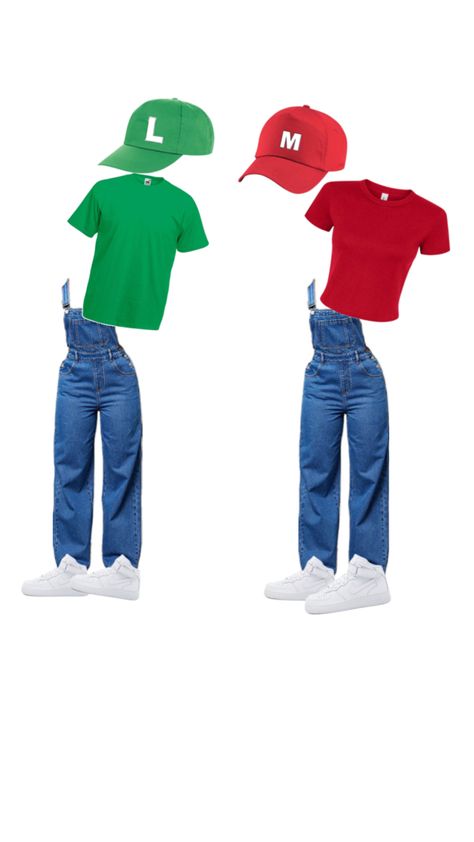 Mario and Luigi Halloween inspo outfit❤️💚 Luigi Halloween Costume Women, Mario And Luigi Costumes Women, Mario Characters Costumes, Halloween Costumes Mario, Luigi Outfit, Halloween Inspo Outfit, Mario Character Costumes, Mario Luigi Costume, 2 People Halloween Costumes