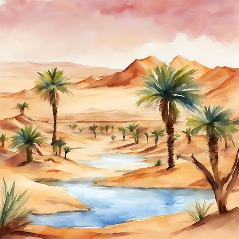 Where mirages meet reality: Oasis. 🌴 https://prismplay.etsy.com #desertbeauty #wallart #natureinspired #printableart #printables #templates Painting Desert Landscape, Oasis Painting, Desert Paintings, Camels Art, Water Coloring, Farm Paintings, Arabian Art, Desert Oasis, Egypt Art