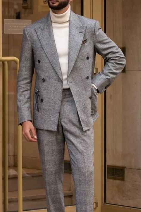 This is a grey double breasted suit with contrast black buttons, paired with an off-white turtle neck. Turtle Neck With Suit Men, Suits With Turtle Neck Men, Turtle Neck Outfit Men Suit, Turtle Neck Outfit Men Suit Prom, Turtle Neck With Blazer Men, Turtle Neck Suit Men, Turtle Neck Suit, Blazer Men Wedding, Turtle Neck Outfit Men