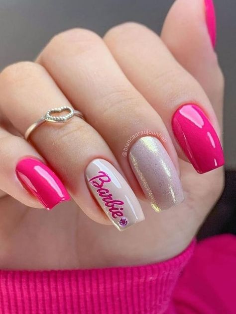 Barbie pink nails: Barbie logo Almond Nails Pink, Barbie Pink Nails, Pink Tip Nails, Pink Glitter Nails, Pink Gel Nails, Pink Ombre Nails, Blue Acrylic Nails, Pink Nail Art, Pink Nail Designs