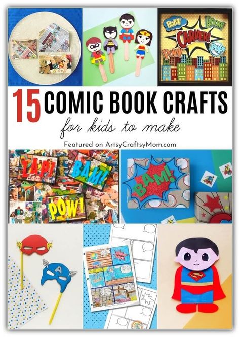 Art Book Activities, Comic Book Crafts For Preschool, Comic Club Ideas, Comic Book Crafts For Kids, Super Hero School Ideas, Comic Book Activities, Book Crafts For Kids, Comic Crafts, National Comic Book Day