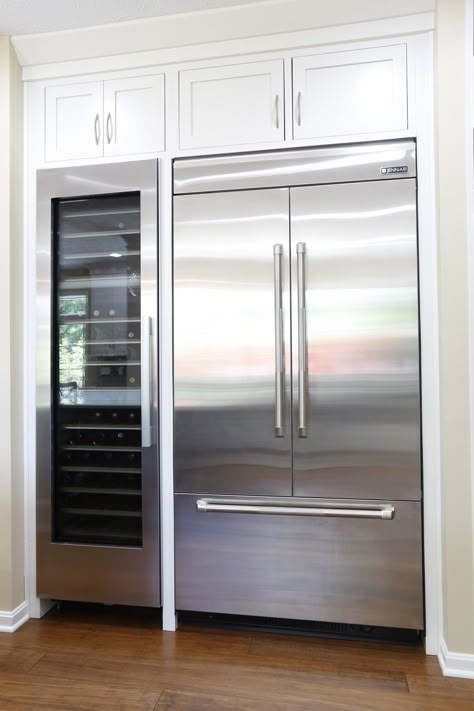 Jenn Air 42” Integrated Built-In French Door Refrigerator next to a Miele wine fridge has this kitchen ready and prepared for the everyday to the most extravagant of parties. French Buildings, Casa Container, French Door, Wine Fridge, Wine Storage, Dining Storage, French Door Refrigerator, Dream Kitchen, Kitchen Renovation