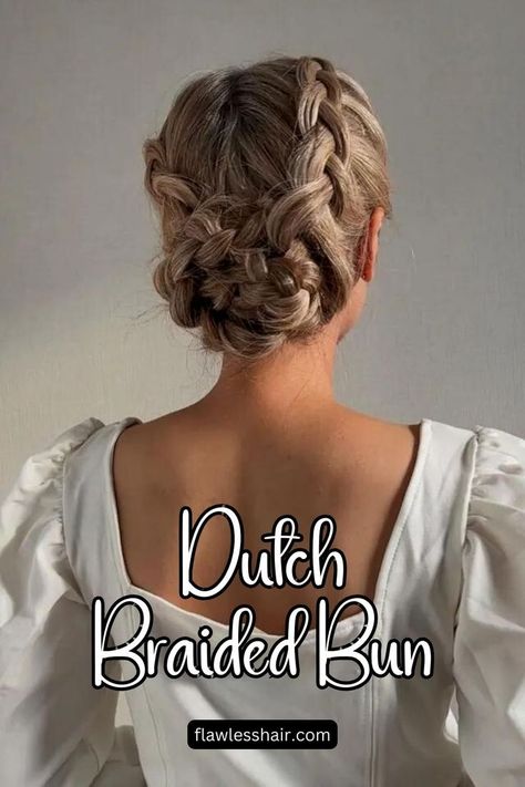 Dutch Braided Bun Updo With Hair Pins, Easy Updos For Medium Hair, Dutch Braids, Easy Updos, Braided Bun, Braided Updo, Medium Hair, Look Chic, Save Time