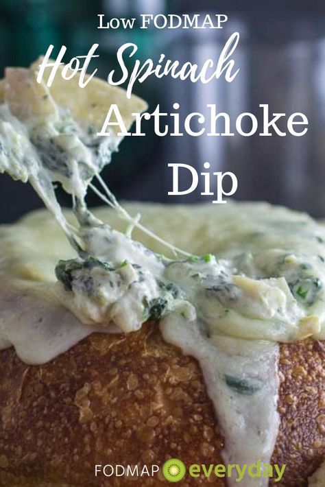 Fodmap Dips, Dip With Bread, Hot Spinach Artichoke Dip, Gameday Snacks, Low Fodmap Appetizers, Cheesy Spinach Artichoke Dip, Fructose Intolerance, Fructose Malabsorption, Fodmap Food