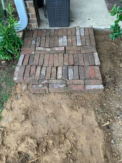 Laying Bricks In Dirt, Brick Laying Patterns, Brick Patio Ideas Backyards, Brick Home Exterior, Diy Outdoor Candles, Brick Sidewalk, Backyard Decorating, Brick Pathway, Brick Steps