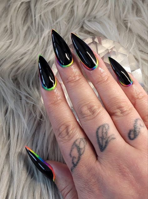 Rainbow Black Nails, Pride Nails Black, Dark Rainbow Nails, Black Pride Nails, Black And Neon Nail Designs, Bi Pride Nails, Pastel Goth Nails, Concert Nails, Flame Nail Art