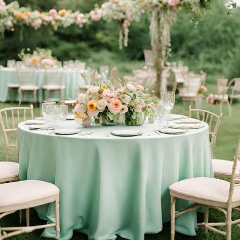 Whimsical Garden Table Linens: Refreshing and Crisp Mint Green Round Table Cloth Pastel Round Table Decor, Wedding Table Cloth Ideas Color Schemes, Green Round Table Cloth, Green Round Table, Mint Green Wedding Theme, Whimsical Wildflower Wedding, Mint Green Birthday, Wedding Table Lighting, August Wedding Colors