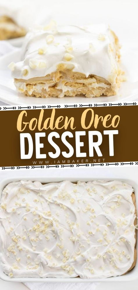 Gold has never been this sweet! The Golden Oreo Dessert is an easy snack idea with layers of white chocolate, vanilla cookie crust, cream cheese, more cookies, cinnamon vanilla pudding, and whipped… More Golden Oreo Recipes, Oreo Pudding Dessert, Vanilla Pudding Desserts, White Chocolate Curls, Oreo Cookie Dessert, Oreo Delight, Cookies Cinnamon, Cool Whip Desserts, Vanilla Oreo