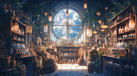 A Whimsical Magic Potions Shop Magical Wallpaper Desktop, Magic Wallpaper Desktop, Magical Desktop Wallpaper, Fantasy Shop Art, Fantasy Background Desktop, Fantasy Wallpaper Desktop, Fantasy Background Magic Scenery, Fantasy Desktop Wallpaper, Potions Shop