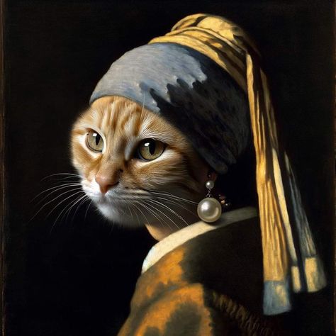 Girl With A Pearl Earring, Poster Girl, Arte Van Gogh, Animal Portraits Art, Elegant Wall Art, Cat Poster, Soyut Sanat Tabloları, Johannes Vermeer, Cat Wall Art