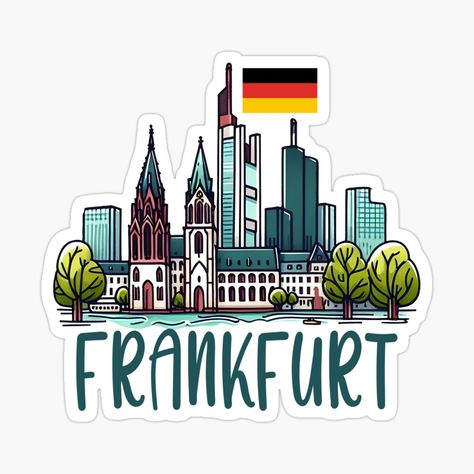 Get my art printed on awesome products. Support me at Redbubble #RBandME: https://www.redbubble.com/i/sticker/Frankfurt-Germany-by-WanderlustCoCo/163489641.EJUG5?asc=u Germany Stickers, Blue Cityscape, City Names, Cities In Germany, German Flag, Civil Wedding Dresses, Frankfurt Germany, Scrapbook Stickers Printable, Stickers Printable