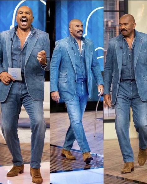 Canadian Tuxedo Mens, Canadian Suit, Steve Harvey Suits, Drip Fits, Black Suit Men, Monochromatic Fashion, Canadian Tuxedo, Wedding Outfit Men, Denim Suit