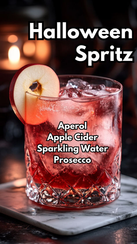 Halloween Spritz Perfect Aperol Spritz, Halloween Party Drink Ideas For Adults, Cocktail With Aperol, Spooky Aperol Spritz, Autumn Prosecco Cocktails, Spooky Season Cocktails, Halloween Dry Ice Drinks, Apple Cider Aperol Spritz, Cute Fall Cocktails