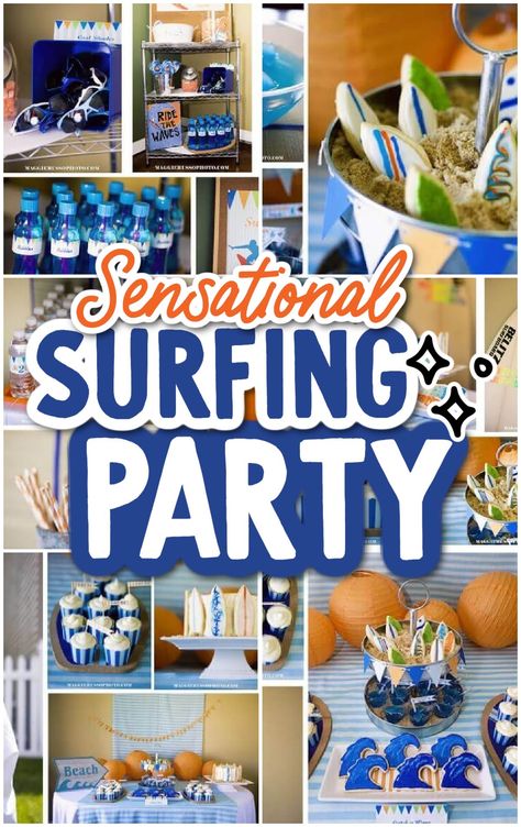 A Sensational Surfing Party Boys Birthday Party Food, Surf Theme Party, Teen Beach Party, Surfing Party, Beach Theme Birthday Party, Surfer Party, Beach Theme Birthday, Surf Birthday Party