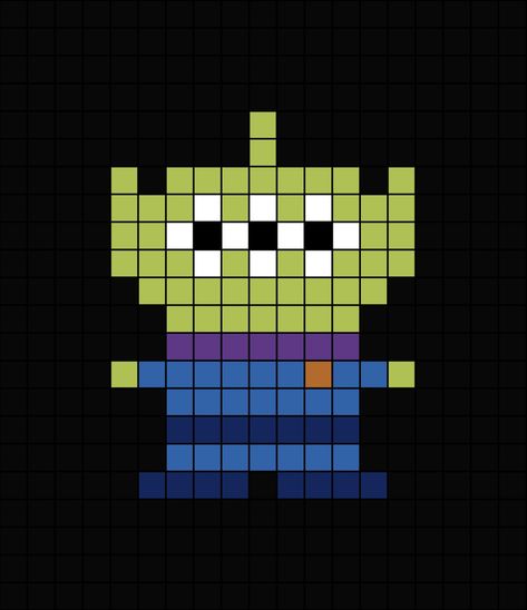 A pixel art template of one of the aliens from Toy Story, titled as the Little Green Man. Minimal Pixel Art, Pixar Crafts, Alien Pixel Art, Pixel Art Disney, Modele Pixel Art, Graph Paper Drawings, Tiny Cross Stitch, Easy Pixel Art, Pixel Art Templates