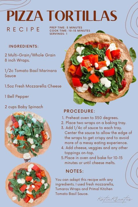 Pizza Tortillas are an excellent balanced meal thats fun for the entire family. Customizable, nutritious, and easy to make for long grueling days. #pizza #healthypizza #recipes #pizzarecipes #healthyeating #healthyrecipes #easymeals Heathy Pizza, Tortilla Pizza Recipes, Healthy Pizzas, Almond Food, College Dinner, Healthy Challenge, Plant Based Pizza, Healthy Tortilla, Macro Recipes