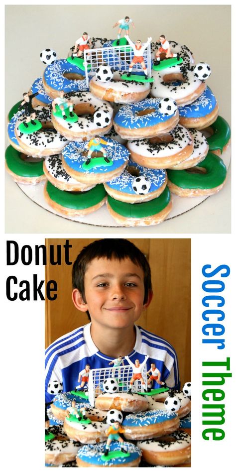 You'll have a HUGE WIN with a Donut Cake, which is simply decorated donuts arranged in stacked tiers. My son considers this Donut Soccer Cake the best cake of all time. Ask a donut shop to construct it for you, or make it from scratch simply with baked donuts from your own oven, decorated with icing and sprinkles that suit your celebrant. #shockinglydelicious #donutcake #birthdaydonut #soccercake Soccer Donuts Ideas, Soccer Pull Apart Cupcakes, Donut Cake, Soccer Ball Cupcake Cake, Soccer Donut Cake, Pull Apart Soccer Cupcake Cake, Portugal Soccer Cake, Donut Decorating Ideas, Sports Themed Cakes