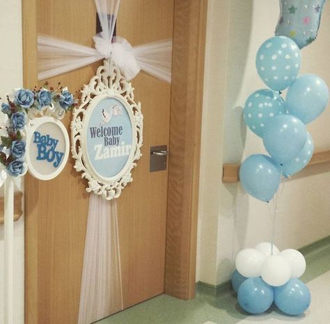 Welcome baby to the world from the hospital Baby Door Decorations, Hospital Door Decorations, Hospital Decoration, Welcome Home Party, Baby Boy Decorations, Baby Door, Baby Shower Deco, Welcome Home Baby, Baby Boy Room Decor