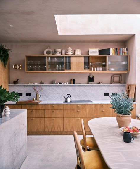 A cool and contemporary East London home that features pink plaster walls throughout | Livingetc Kitchen Shelving Ideas, Kitchen Patio Doors, Replacement Kitchen Doors, Top Of Kitchen Cabinets, Best Kitchen Colors, Kitchen Shelving, Shelving Ideas, Concrete Kitchen, Kitchen Color