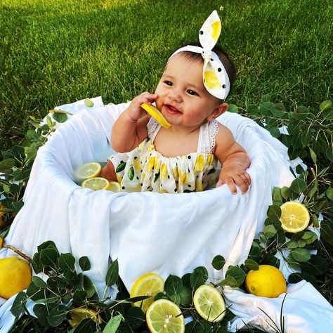 Lemons - leaves - sheet - water troft Baby Lemon Photo Shoot, Lemon Baby Photoshoot, Summer Baby Photoshoot, Lemon Photoshoot, October Photoshoot, 5 Month Baby, Citrus Baby, Baby Milestones Pictures, Baby Milestone Photos