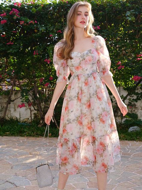 Floral Printed Puff Sleeve Waist Cinched DressI discovered amazing products on SHEIN.com, come check them out! Cinderella Fashion, Fabric Plants, Dress With Flowers, Long Winter Coats, Long Coats, Flowers Summer, Guys Clothing Styles, Rose Bonbon, Elegant Dresses For Women