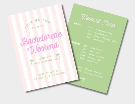 DELUXE Bachelorette Invitation & Itinerary Customizable Bachelorette Template Pink Green Palm Springs Preppy Coastal Stripe - Etsy Shake Ya Palm Palms Bachelorette, Green And Pink Bachelorette Party, Pink And Green Bachelorette Party, Preppy Bachelorette Party, Palm Beach Bachelorette, Bachelorette Party Miami, Palm Beach Party, Beach Bach, Miami Bachelorette