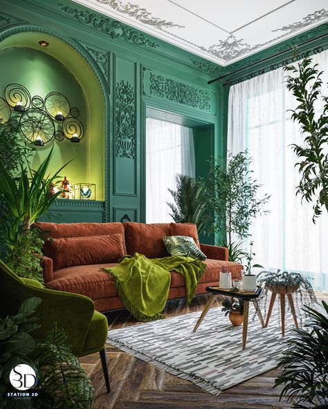 ArtStation - Green Room Interior Design Green Room Interior, Pots Plants, Green Room, Maximalist Decor, Green Interiors, Green Rooms, Green House, Architecture Visualization, Room Interior Design