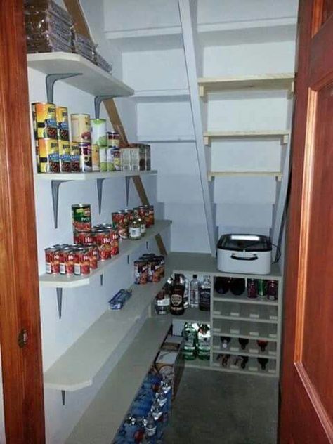 Pantry under stairs                                                                                                                                                                                 More Basement Pantry, Under Stairs Pantry, Understair Storage, Closet Under Stairs, Space Under Stairs, Basement Stairs Ideas, تحت الدرج, درج السلم, Stairs Ideas