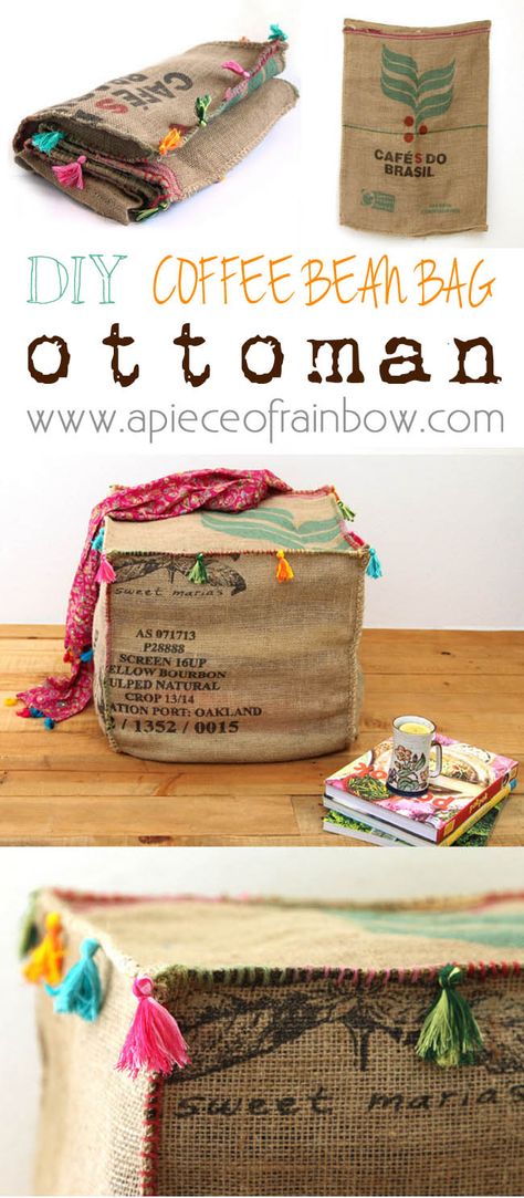 Make an unique and gorgeous Burlap Coffee Bag Ottoman from only one coffee bean bag! Triple functions: seating, side table, and storage all in one!  - A Piece Of Rainbow Coffee Bag Crafts, Coffee Bean Sacks, Burlap Coffee Bags, Bean Bag Ottoman, Coffee Bean Bags, Diy Beach Decor, Coffee Sacks, Rainbow Diy, Burlap Projects