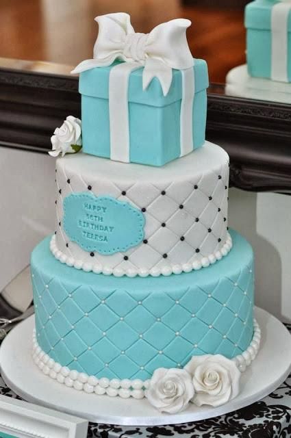 Tiffany Inspired 50th Birthday Party cake by Sweet Little Party Company Tiffany Blue Cakes, Tiffany Birthday Party, Tiffany Birthday, Tiffany Cakes, Tiffany Theme, Tiffany Party, Big Company, 16 Cake, Sweet 16 Cakes