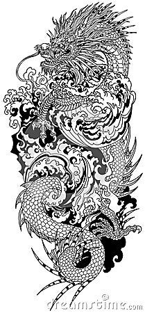 chinese-azure-blue-dragon-water-waves-head-facing-towards-left-side-baring-its-teeth-serpent-like-body-elegantly-coiled-around-central-focal-point-traditional-tattoo-style-vector-illustration-vertical Leg Sleeve, Blue Dragon, Water Waves, Azure Blue, Tattoo Style, Traditional Tattoo, Focal Point, Vector Illustration, Tattoo Ideas