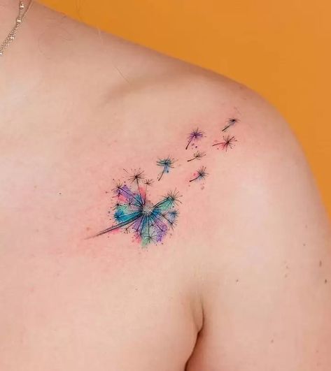 Dandelion Tattoo Design Watercolor, Blowing Dandelion Watercolor Tattoo, Finger Tattoos Dandelion, Dragonfly With Dandelion Tattoo, Dragonfly And Dandelion Tattoo, Colorful Dandelion Tattoo, Color Dandelion Tattoo, Small Watercolor Flower Tattoo, Small Watercolor Tattoos For Women