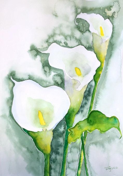 Cactus Drawings, Nature Still Life, Watercolour Nature, Cala Lilies, Watercolor Negative Painting, Watercolour Ideas, Cactus Drawing, Flower Watercolor, 수채화 그림