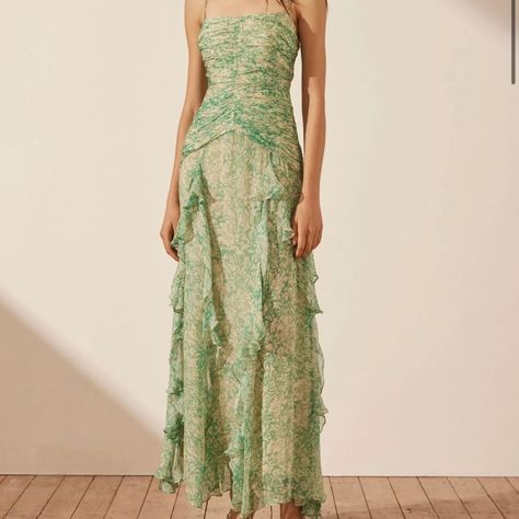 Strappy Frill Maxi Dress In A Light Weight Semi-Sheer Chiffon In The Exclusive Belvedere Print. Bohemian Formal Dress Summer, Light Green Dress Bridesmaid, Light Green Floral Dress, Garden Attire Wedding Guest, Boho Formal Dress, Green Wedding Guest Dress, Boho Wedding Guest Dress, Light Green Bridesmaid Dresses, Moh Dress