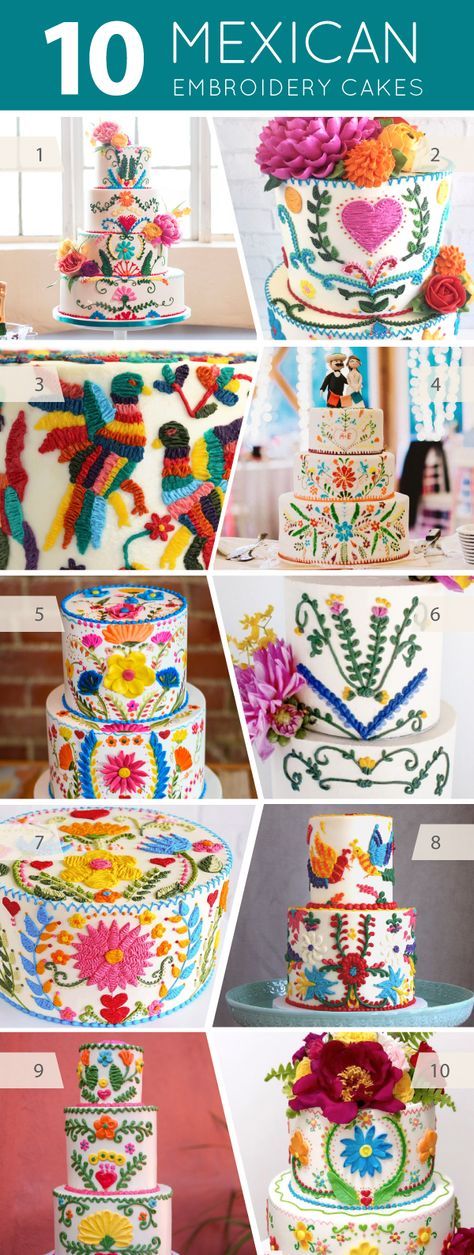 10 Mexican Embroidery Cakes | on TheCakeBlog.com Mexican Cake, Mexican Birthday Parties, Fiesta Cake, Mexican Birthday, Fiesta Wedding, Cupcakes Decorados, Mexican Party Theme, Mexican Embroidery, Fiesta Theme