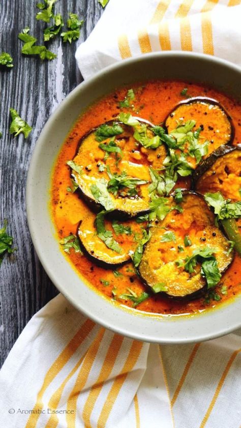 Doi Begun Recipe (Bengali Eggplant Yogurt Curry) - Aromatic Essence Eggplant Recipes Indian, Indian Yogurt, Pickled Eggplant, Yogurt Curry, Foodgawker Recipes, Eggplant Curry, Bengali Food, Eggplant Dishes, Baked Eggplant