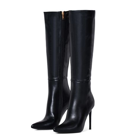 PRICES MAY VARY. 👢 Heel measures 4 inch.Shaft height measures approximately 22.97 inch .Stilletos heels boots Calf girth measures approximately 15.35 inch . 👢 Womens stiletto heel knee high boots have a soft faux leather upper and zipper closure design that acts as a great versatile style. Featuring pointy toe, high heel, finished with cushioned insole, soft interior lining, and side zipper closure for easy on/off. 👢 Comfy Knee High Boots To Wear：pointed-toe leather knee high boots come with Knee High Boots Outfit Formal, Winter High Heel Boots, Knee High Heel Boots Outfit, Black Heel Boots Outfit, Calf Boots Outfit, Stilletos Heels, Stiletto Knee High Boots, Black Stiletto Boots, Black Boot Heels