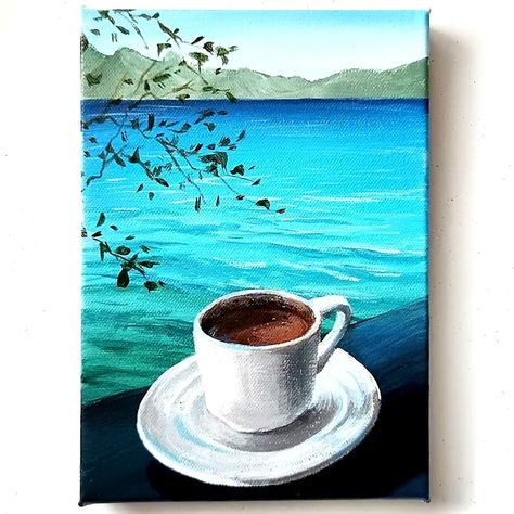 Cup Of Coffee Painting Acrylic, Simple Oil Painting Ideas Inspiration, Coffee Cup Art Paintings, Coffee Acrylic Painting, Coffee Cup Painting, Coffee Painting Canvas, Coffee Art Painting, Painting Mood, Coffee Artwork