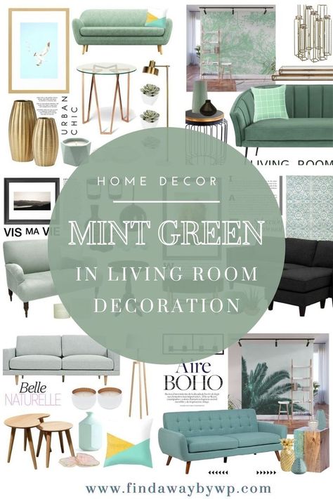 Mint green in living room decoration Green And Black Room Decor, Mint Decor Living Room, Mint Room Decor, Green In Living Room, Color In Living Room, Mint Living Rooms, Mint Green Bathrooms, Mint Green Decor, Mint Green Bedroom