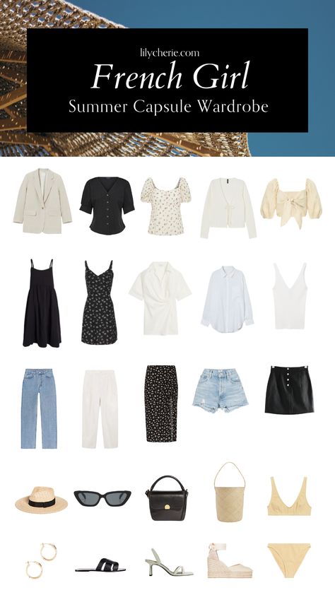 French-Girl Summer Capsule Wardrobe 2021 | Get Parisian summer style with this French girl summer capsule wardrobe Parisian Style Spring Summer, French Girl Style Spring 2024, Buyable Pins Clothes Women, Parisian Style Women Summer, 2023 Summer Wardrobe, Summer Outfit Parisian, Summer Fashion Minimalist, French Summer Outfits 2023, French Girl Summer Aesthetic