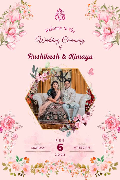 Printable design of Wedding ceremony with couples picture. #bride #groom #indianwedding Wedding Banners Indian, Ring Ceremony Poster Design, Wedding Ceremony Cards, Indian Wedding Banner Design, Wedding Ceremony Template, Marriage Banner, Engagement Card Design, Indian Wedding Aesthetic, Wedding Banner Design