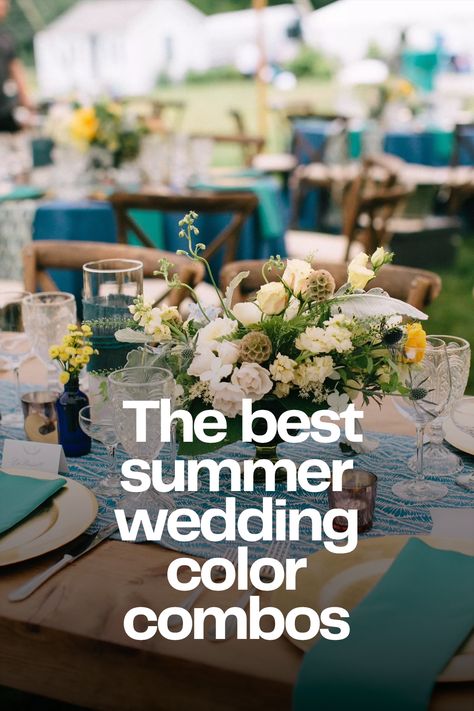 Summer wedding color palettes that are trending in 2023 Teal Summer Wedding Colors, Summer Evening Wedding Colors, Modern Summer Wedding Colors, Wedding Pallet Ideas Summer, Wedding Beach Color Schemes, Summer Green Wedding Colors, August Beach Wedding Colors, June Beach Wedding, Wedding Colors 2024 Summer