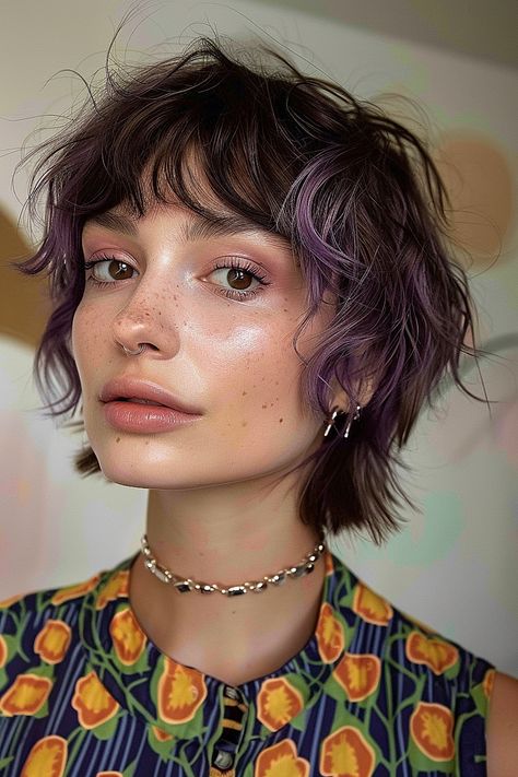 A pixie cut with deep violet color and shaggy bangs. Shaggy Short Haircuts With Bangs, Shaggy Bob Side Bangs, Short Layered Textured Hair, Shaggy Curtain Bangs Short Hair, Pixie Hair Styling Ideas, Shaggy Micro Bob, Feminine Mullet Shag Short, Short Thick Bangs, Mini Bangs Mullet