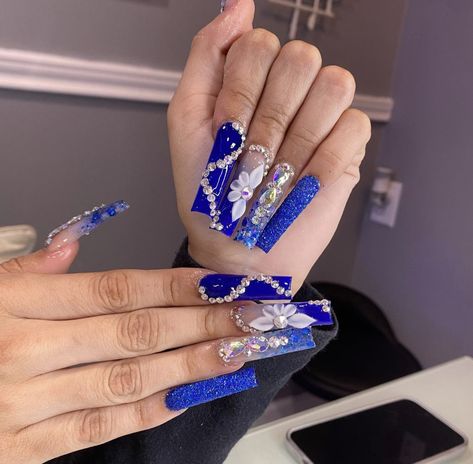 Royal Blue Long Nails, Blue Toe Nails, Blue Prom Nails, Blue And Silver Nails, Quinceanera Nails, Royal Blue Nails, Dark Blue Nails, Aqua Nails, Sugar Nails