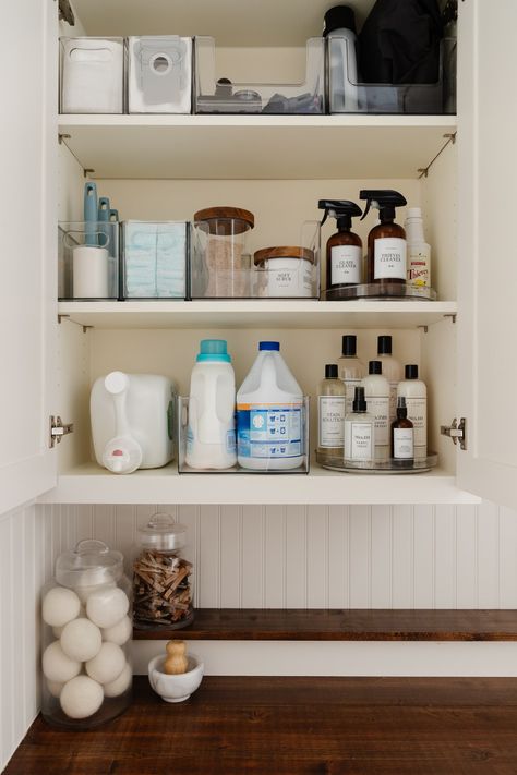 Things To Store In Laundry Room, Laundry Room Drawer Organization, Home Edit Kitchen Organization, Laundry Room Cabinet Organization Ideas, Organize Laundry Room Cabinets, Organizing Laundry Room Cabinets, Laundry Cabinet Organization, Laundry Room Shelf Organization, Laundry Room Organization Cabinets