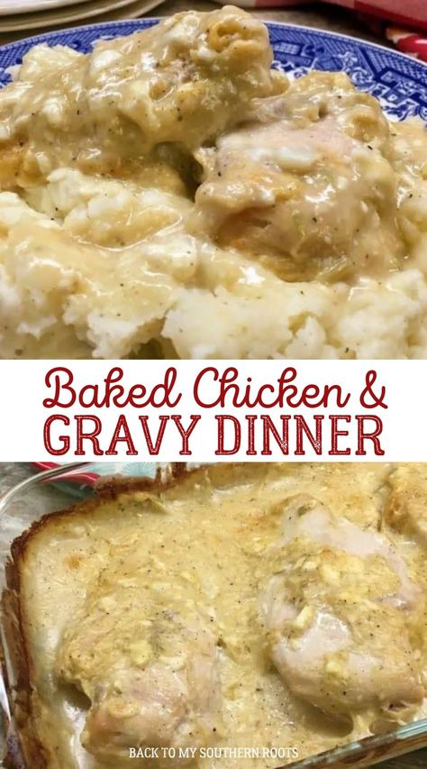 Baked Chicken And Gravy, Chicken And Gravy, Baked Food, Baked Recipes, Pot Dinners, Chicken Entrees, Gravy Recipe, Chicken Main Dishes, Easy Homemade Recipes