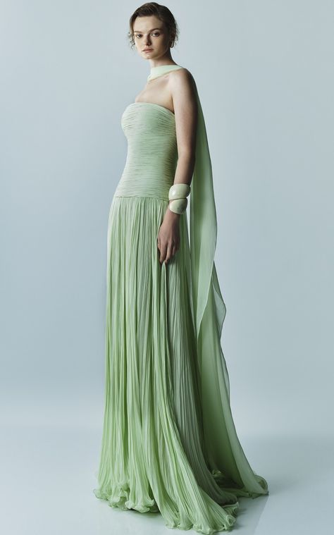 Women's Marmar Halim Spring Summer 2025 Collection | Moda Operandi Green Corset Gown, Green Silk Gown, Green Evening Gowns, Georgette Gown, Corset Gown, Green Corset, Spring 2025, Summer 2025, Green Hand