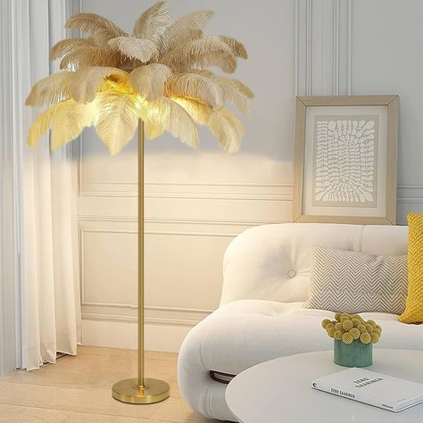 ANram Feather Floor Lamp, Natural Ostrich Feather Standing Lamp, Simple Bedroom and Living Room Decor Lamp, Golden Lamp Body, 3-Color Dimmable with G4 LED Bulb : Amazon.co.uk: Lighting Room Decor Lamp, Feather Floor Lamp, Golden Lamp, Golden Lamps, Feather Lamp, Decor Lamp, Bedroom And Living Room, Romantic Design, Ostrich Feather