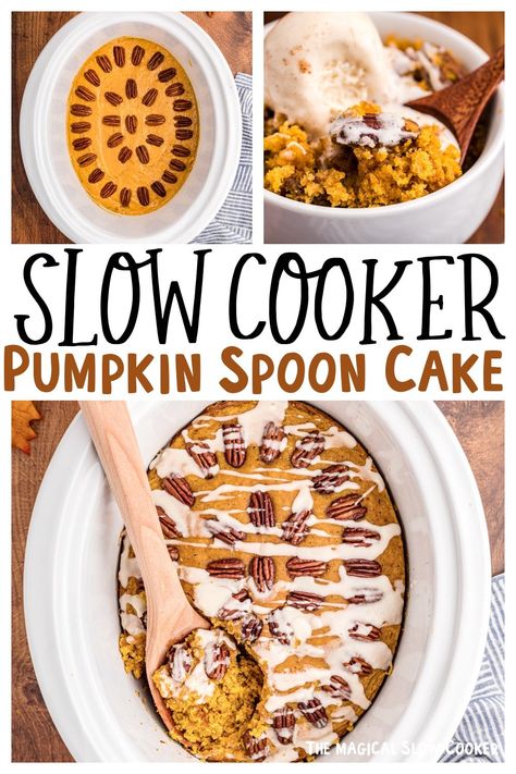 Love pumpkin? This delicious Slow Cooker Pumpkin Spoon Cake is made with canned pumpkin and spices and topped with pecans and a homemade glaze. - The Magical Slow Cooker Crockpot Pumpkin Dessert, Slow Cooker Holiday Recipes, Slow Cooker Cake, Pumpkin Cake Recipe, Homemade Glaze, Pumpkin Crockpot, Best Pressure Cooker Recipes, Spoon Cake, Microwave Meals